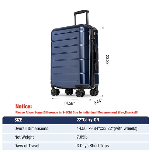 Carry On Luggage 22x14x9 Airline Approved Hardshell Carry On Suitcases with Wheels Travel Rolling 20 Inch Luggage with Cup Holder for Women Men