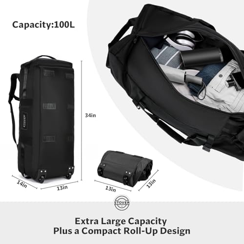 45/80/100L Rolling Duffel Bag with Wheels, X-Large Durable Travel Duffle + Toiletry Bag, Heavy Duty, Packable with Shoulder Straps- Use as Luggage or Backpack, Men/Women (Black)