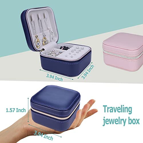 2 Pack】 PU Leather Travel Small Portable Mini Travel Jewelry Organizer for Rings Necklaces Earrings and Lipstick Color Blue and Pink (2 Count)