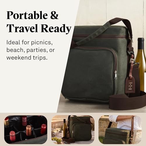 6 Bottle Waxed Canvas Wine Bag Tote Insulated Wine Carrier Cooler Travel & Picnics Holds Tall Bottles Includes Ice Pack Chilling Reusable Tote Bag for Wine Gifts & Outdoor Gatherings