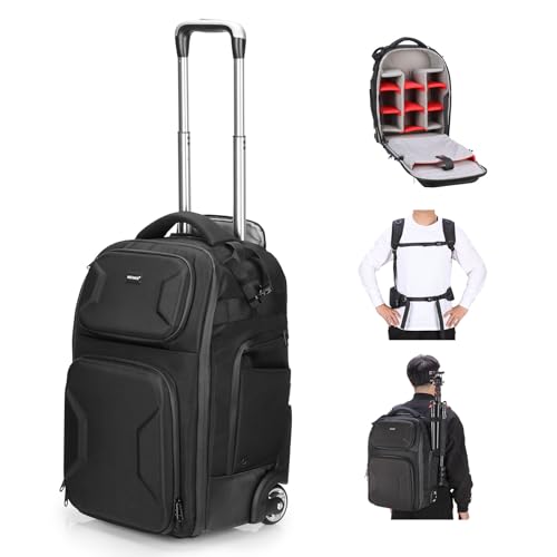 2 in 1 Camera Roller Bag with Detachable Shockproof Dividers Retractable Handle Waistband Rain Cover Water Resistant Robust Carry On Backpack for Camera Tripod Flash Lens Laptop