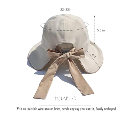 Wide Brim Hats for Woman Foldable Hats Sun Hats for Women uv Protection Bowknot Fishing hat Adjustable hat with Ponytail Hole Beige