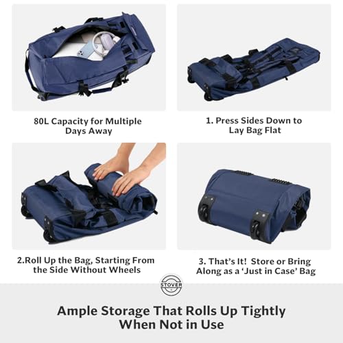 45/80/100L Rolling Duffel Bag with Wheels, Large Durable Travel Duffle + Toiletry Bag, Heavy Duty, Packable, Foldable with Shoulder Straps- Use as Luggage or Backpack, Men/Women (Navy Blue)