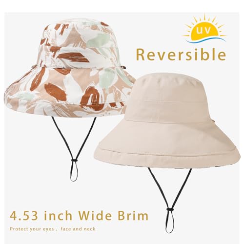 Womens Sun Hats Wide Brim Reversible Bucket Cotton Hat Packable Summer Travel Cap with Hat Clip