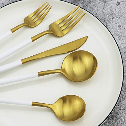 20-Piece 18/10 Stainless Steel Flatware Silverware, Luxury Dinnerware Set Travel Cutlery Tableware Include Knife Fork Spoon Service for 4, Dishwasher Safe (White Handle Matte Gold) (4 Count)
