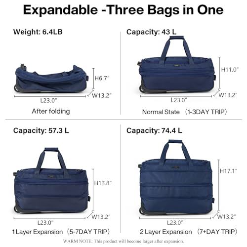 Expandable Carry On Luggage Suitcases with Wheels Foldable Duffle Bag for Travel Carry On suitcase Weekend Bag for Women Men（Blue）