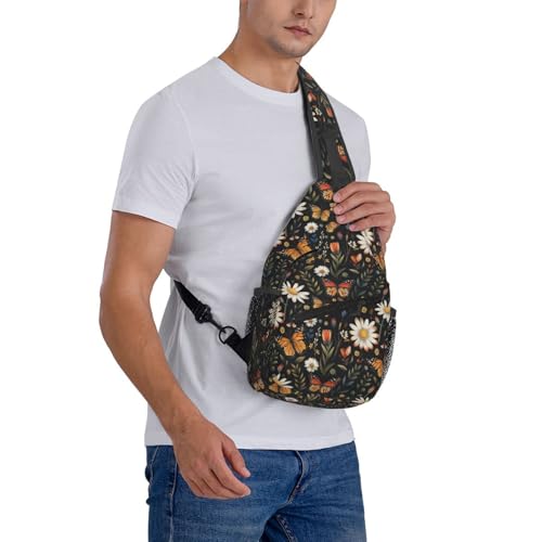 Sling Bag Vintage Butterfly Daisy Leaf Hiking Daypack Crossbody Shoulder Backpack Travel Chest Pack for Men Women