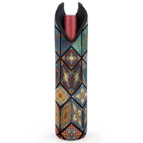 Square Mandala 2 Bottle Wine Carrier Tote Bag Insulated Wine Bottles Neoprene Bag with Secure Carry Handle Portable Wine Cooler Bag for Travel Picnic Beach (2 Count)