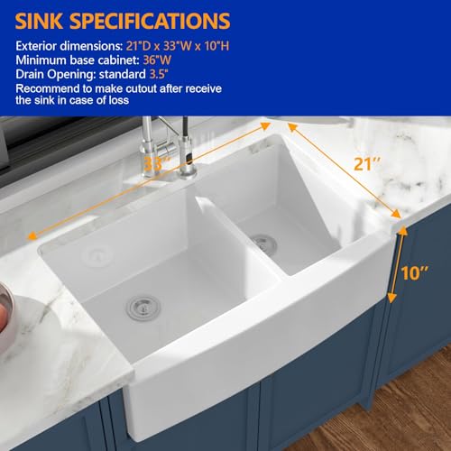 33 In. White Fireclay Farmhouse Sink Curved Apron Front Country Style