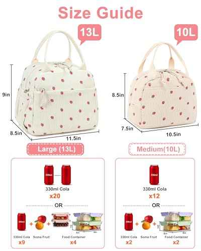 Lunch Bag for Women Cute Corduroy Lunch Tote Bags with Shoulder Strap Reusable Insulated Lunch Box Large Capacity Reusable Insulated Cooler for Work Picnic or Travel