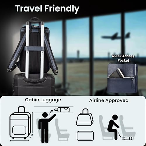 Leather Laptop Backpack for Men with Trolley Strap 16L Blue