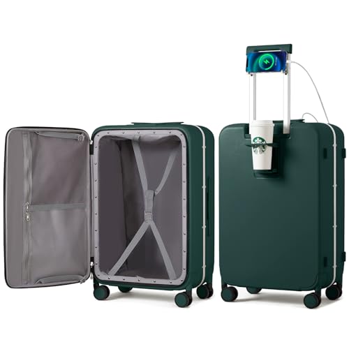 Checked Luggage with Cup Phone Holder and Charger Hard Shell Suitcases with Spinner Wheels