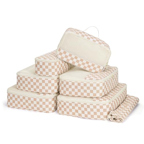 7 Set Checkered Packing Cubes for Travel Carry on Suitcase Luggage Organizer Bags for Kids Women Men