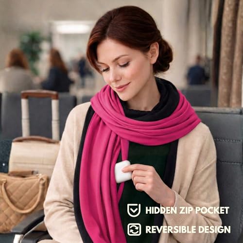 16-in-1 Compact Travel Blanket with Bag – Reversible, Ultra Soft Bamboo Airplane Blanket with Hidden Pocket - Packable for Flights, Camping, Picnic, Travel Essentials (Pink/Black)
