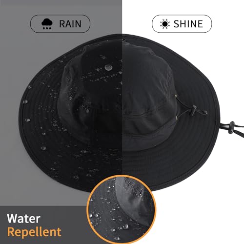 UPF50+ Mens Sun Hat Wide Brim Womens UV Protection Beach Bucket Hat Airy Fishing Hat Hiking Snap Up Cowboy Hat Black