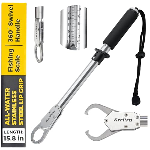 2-in-1 Fish Lip Gripper, 15.8" Stainless Steel Fish Gripper with Scale, 60lb Weighing Fish Grabber, 360° Non-Slip Swivel Handle, Tool for Saltwater & Freshwater