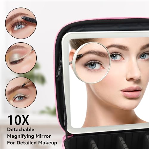 Travel Makeup Bag with LED Mirror and 10x magnifying glass with 3 Lighted Settings