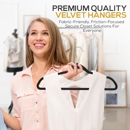 50 Pack New Premium Quality Velvet Hangers Ultra Thin Non Slip Adult Felt Space Saving Hangers for Closet Heavy Duty Coat Pants Jackets Dress Hangers 360° Swivel Hook Hold Upto 10 lbs Black (50 Count)