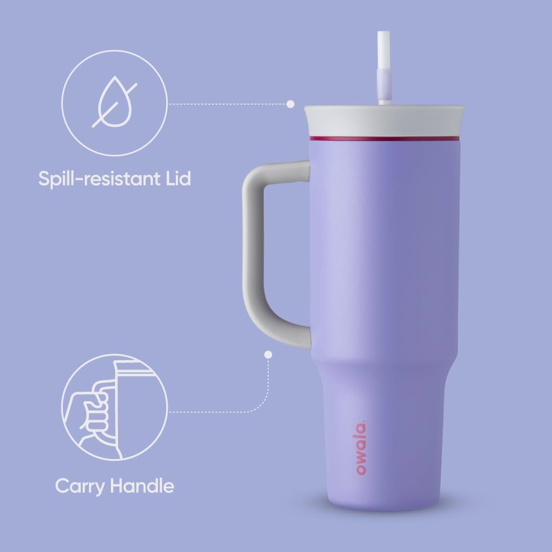 Owala Stainless Steel Triple Layer Insulated Travel Tumbler with Spill Resistant Lid, Straw, and Carry Handle, BPA Free, 40 oz, Light Purple (Whimsical Daydream) - Roamly