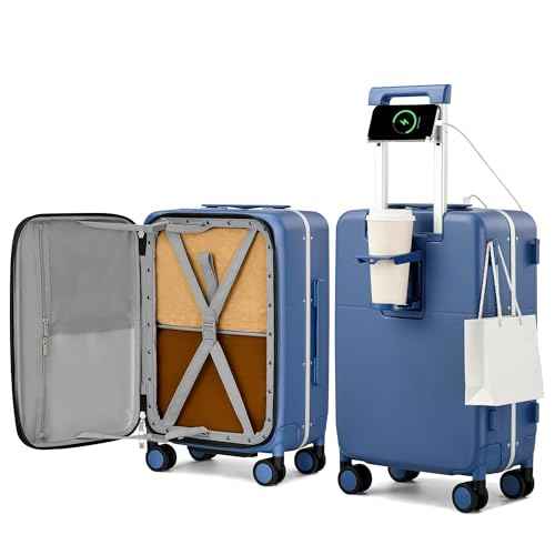 20 Inch Top Opening Carry On Luggage with Cup Holder and USB Ports