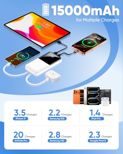 Portable Charger 15000mAh Slim Power Bank with Built in Cables