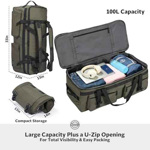 45/80/100L U-Zip Rolling Duffel Bag with Wheels, X-Large Durable Travel Duffle + Toiletry Bag, Lay-Flat Opening, Packable w/Shoulder Straps- Use as Luggage or Backpack, Men/Women (Green)