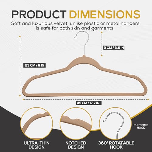 50 Pack New Premium Quality Velvet Hangers Ultra Thin Non Slip Adult Felt Space Saving Hangers for Closet Heavy Duty Coat Pants Dress Hangers 360° Swivel Hook Hold Upto 10 lbs Warm Taupe (50 Count)