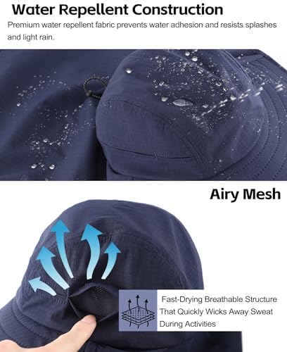 UPF 80+ Sun Hat for Men Women Wide Brim Sun Hat with Neck Flap Summer Safari UV Protection Gardening Fishing Hat Navy Blue