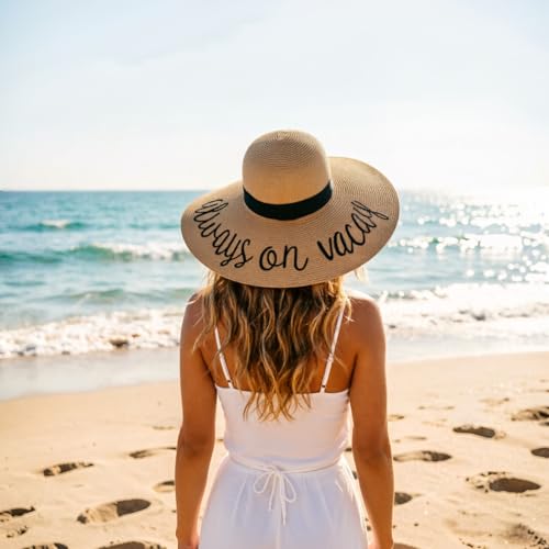 Big Straw Sun Hats for Women Floppy Foldable Roll up Beach Cap Sun Hat UPF 50+ Vacation Honeymoon Embroidered Hat