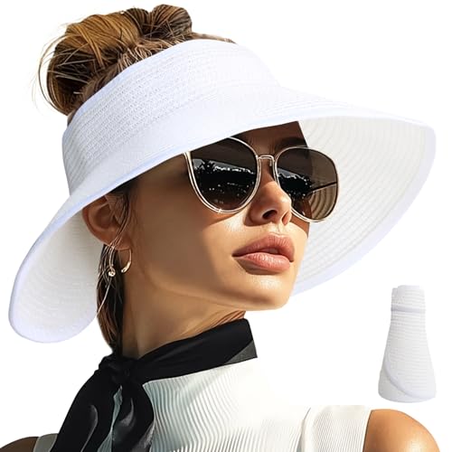 Sun Visor Hats for Women Wide Brim Straw Packable Beach Hat White