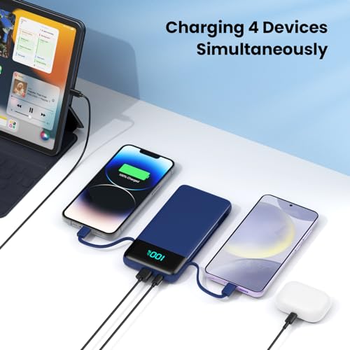 Portable Charger for iPhone with Built in Cables and Wall Plug