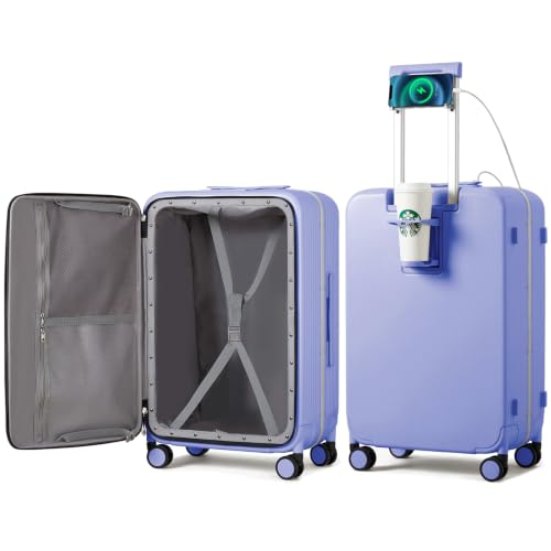 Large Checked Luggage with Cup Phone Holder and Charger Hard Shell Suitcases with Spinner Wheels