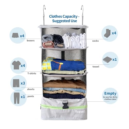 Stow-N-Go Portable Hanging Travel Shelves, Packing Organizer for Luggage. Carry on Closet with Hanger for Clothes. Expandable Packing Cube. Travel Essentials, Light Gray - L