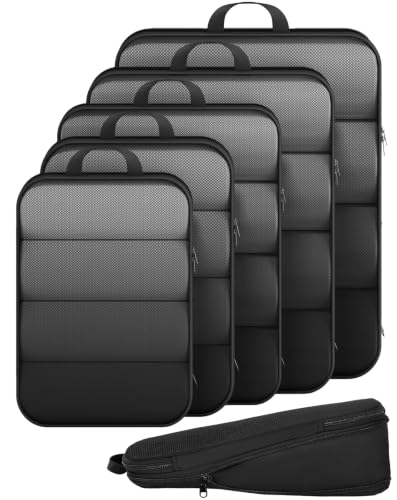 6/9/11 Set Compression Packing Cubes for Travel Essentials,Compressible Expandable Large Luggage Suitcase Organizer Bags for Clothing,Space Saver Bags with Over 1000 pcs of Mesh Holes(Black) (6 Count)