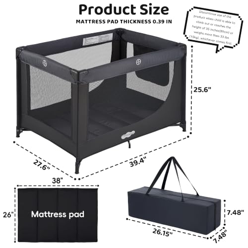 Pack and Play Portable Baby Crib Foldable Playard Leightweight Travel Playpen for Tooddlers and Infant Black