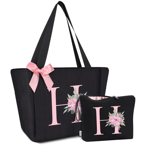 Tote Bag, A-Z Initial Monogrammed Waterproof Tote Bag, Bridesmaid Gifts for Women, Black and Pink (H, Black Set)