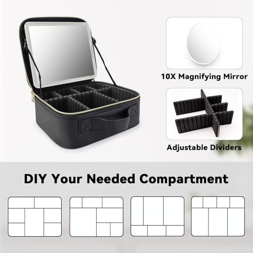 Travel Makeup Bag with LED Mirror and 10x magnifying glass with 3 Lighted Settings