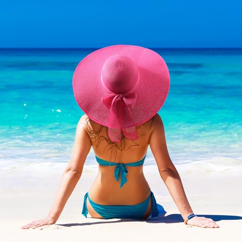Womens Big Bowknot Straw Hat Foldable Sun Hats Floppy Beach Hat Large Roll up Cap UPF 50+