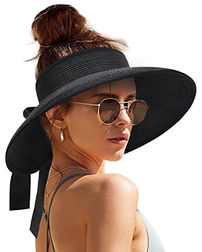 Women's Straw Sun Visor Hat UPF Wide Shade Ponytail Summer Hat