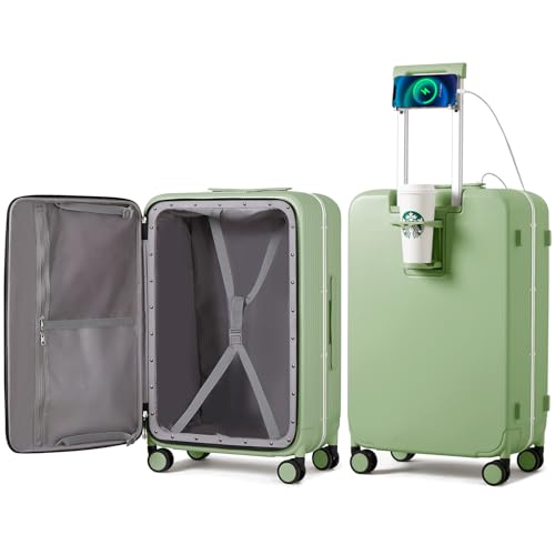 Large Checked Luggage with Cup Phone Holder and Charger Hard Shell Suitcases with Spinner Wheels