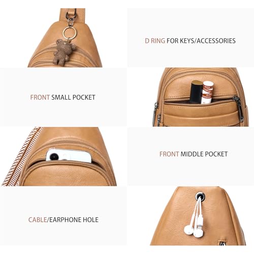 Sling Bag for Women Cross Body Purse Fanny Pack Sling Backpack Vegan Leather Over Shoulder Crossbody Handbag Travel Gifts Tan