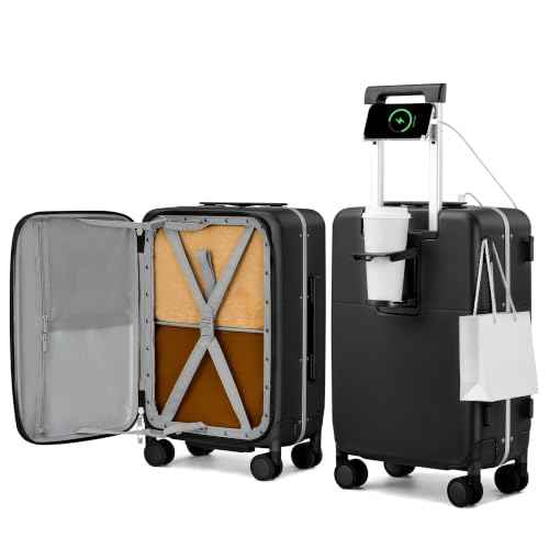 20 Inch Top Opening Carry On Luggage with Cup Holder and USB Ports