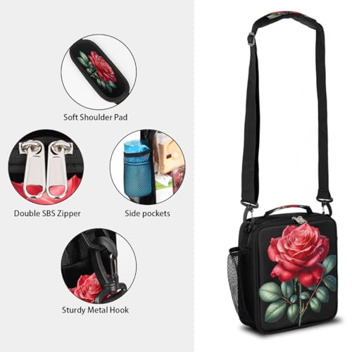 Red Rose Flower Kids Lunch Box for Girls Boys Reusable Insulated Lunch Bag for Kids Toddler Thermal Cooler Spacious Lunchbox with Shoulder Strap Lunchbag for School Work Picnic (print 26)