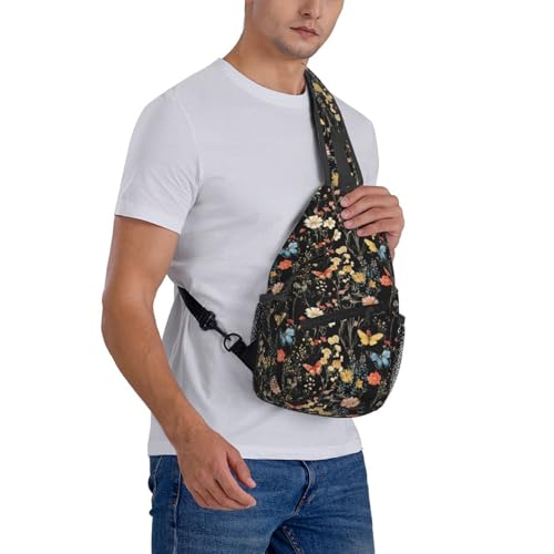 Sling Bag Wildflower Botanical Butterfly Flower Hiking Daypack Crossbody Shoulder Backpack Travel Chest Pack for Men Women