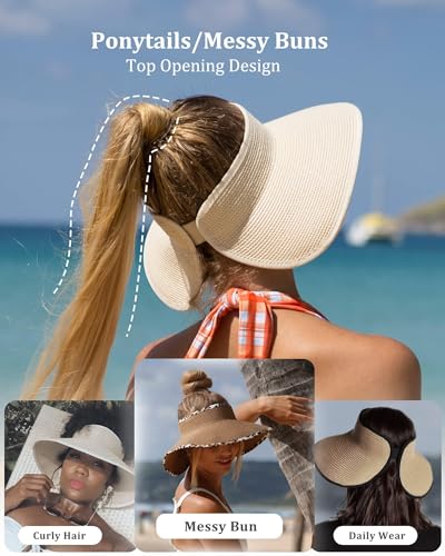 Womens Sun Hat with Ponytail Hole Wide Brim Beach Straw Visor Beige