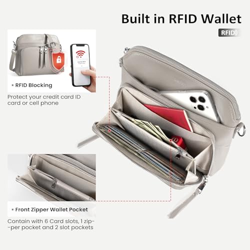 Real Leather Crossbody Bags for Women Travel Wallet Purse Light Grey