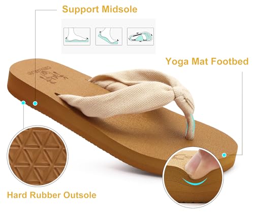 Flip Flops for Women Arch Support Summer Beach Sandals Beige Size 6