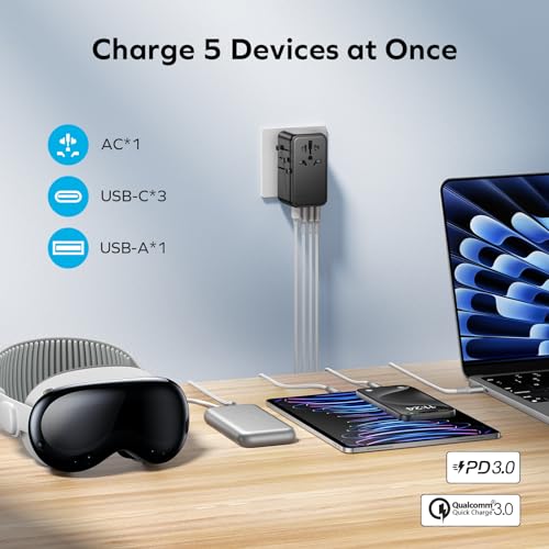 5-in-1 Universal Travel Adapter, GaN 140W International Power Adapter, 3 USB-C PD Fast Charging & 1 USB-A QC, 1 AC, All-in-one International Plug Adapter for Travel European UK AUS JP