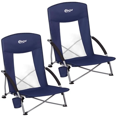 Beach Chairs for Adults 2 Pack High Back Low Folding Camping Chair Portable Lightweight with Cup Holder for Travel (2 Count)
