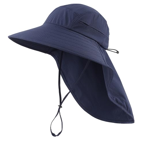 UPF 80+ Sun Hat for Men Women Wide Brim Sun Hat with Neck Flap Summer Safari UV Protection Gardening Fishing Hat Navy Blue